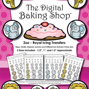 Zoo Animals - Royal Icing Transfer Sheets - Lion, Giraffe, Elephant and Hippo