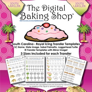 May include: Printable royal icing transfer templates for cakes and cookies featuring South Carolina state symbols. The templates include the state outline, a palmetto tree, a loggerhead turtle, and the state name "South Carolina". Three sizes are included for each design.