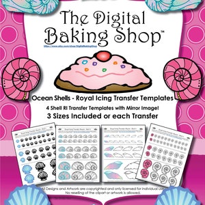 May include: A digital download of four royal icing transfer templates featuring ocean shells in three sizes. The templates are designed for use with a mirror image for easy application.