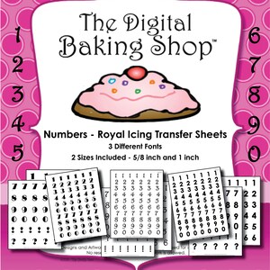 May include: A pink and white cupcake with colourful sprinkles on top. The image also includes a set of black and white printable numbers in two sizes, 5/8 inch and 1 inch. The text "The Digital Baking Shop™" is at the top of the image. The text "Numbers - Royal Icing Transfer Sheets" is below the cupcake. The text "3 Different Fonts" and "2 Sizes Included - 5/8 inch and 1 inch" are below the text "Numbers - Royal Icing Transfer Sheets".