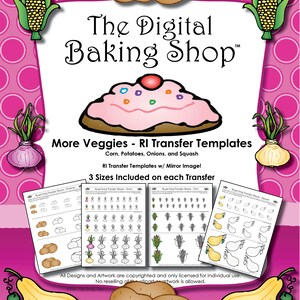 May include: A printable worksheet for children to practise tracing and copying images of vegetables. The worksheet includes corn, potatoes, onions, and squash. The worksheet is titled "More Veggies - RI Transfer Templates".