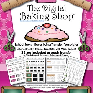 Schulutensilien: Lineal, Schere, Tafel und Radiergummi - Royal Icing Transfer Templates für Kekse oder zum Dekorieren von Backwaren
