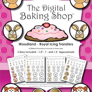May include: A digital download for royal icing transfers featuring four woodland animals: a bear, a rabbit, a fox, and a hedgehog. The transfers are available in three sizes: 1/2 inch, 1 inch, and 1.5 inches.