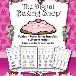 May include: A digital download for royal icing transfers featuring four different fairy designs. Each design comes in three sizes. The image shows a pink cupcake with white frosting and colourful sprinkles.