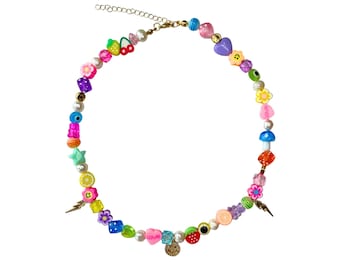 Smiley Face Lighting Bolt Pendant Necklace | Beaded | Freshwater Pearls | Colourful | Multicoloured | Gold | Choker | Gifts for girls