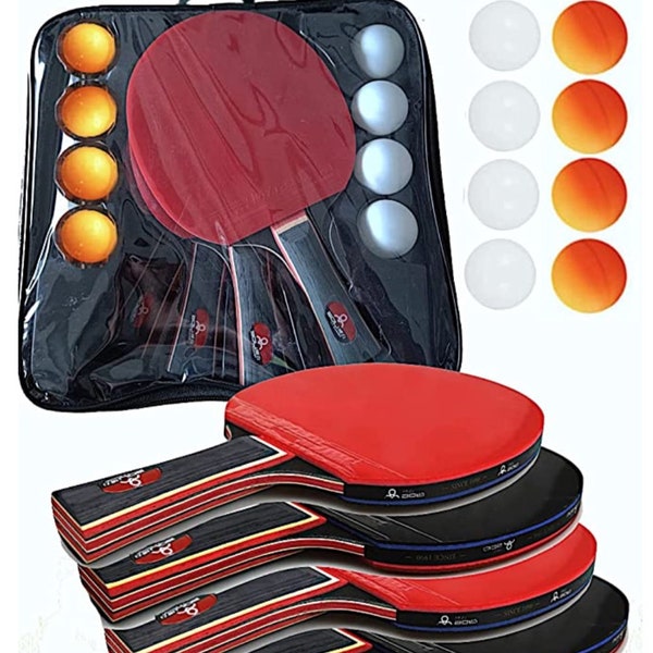 Table Tennis Set, Portable Table Tennis Bats and Balls Set with 4 x Bats/Rackets, 8 x 3-star Ping-Pong Balls, Carry Bag Ping Pong Racket Set