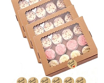 Cupcake Boxes 12 Cavity Auto Pop Up with Window and Inserts, Kraft Bakery Cookie Boxes Cupcake Containers with Sealing Stickers