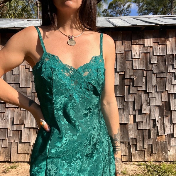 Vintage Victoria's Secret Emerald Green Jacquard Lace Mini Slip Dress