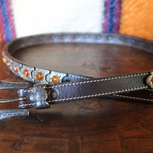 Vintage Western Leather Metal Concho Belt with Orange Stones