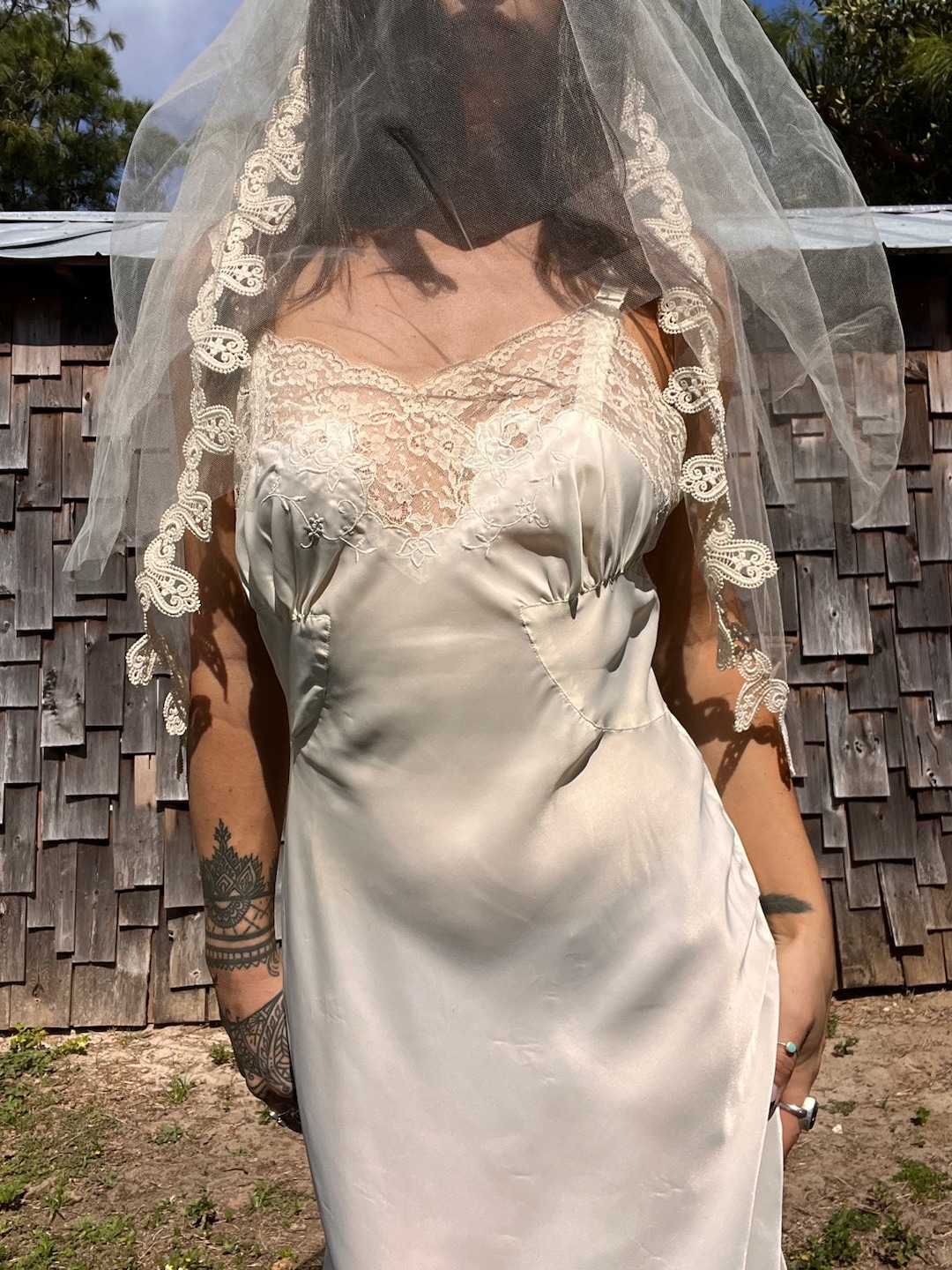 Vintage satin ivory midi slip