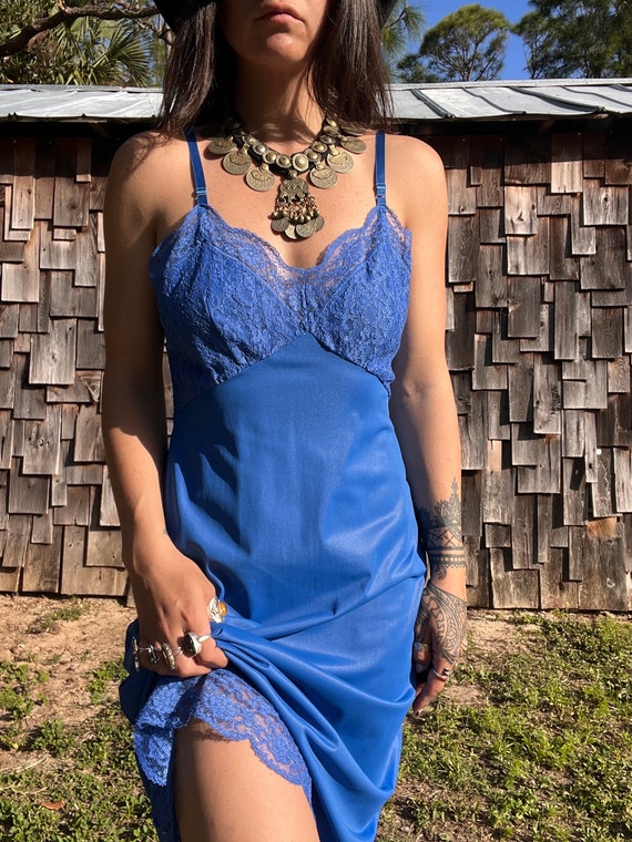 Vintage Blue Lace Midi Slip Dress