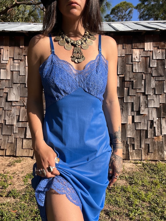 Vintage Blue Lace Midi Slip Dress