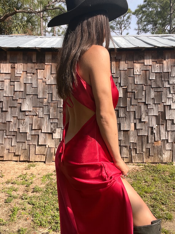 Vintage Red Satin Maxi Tie Back Slip Dress