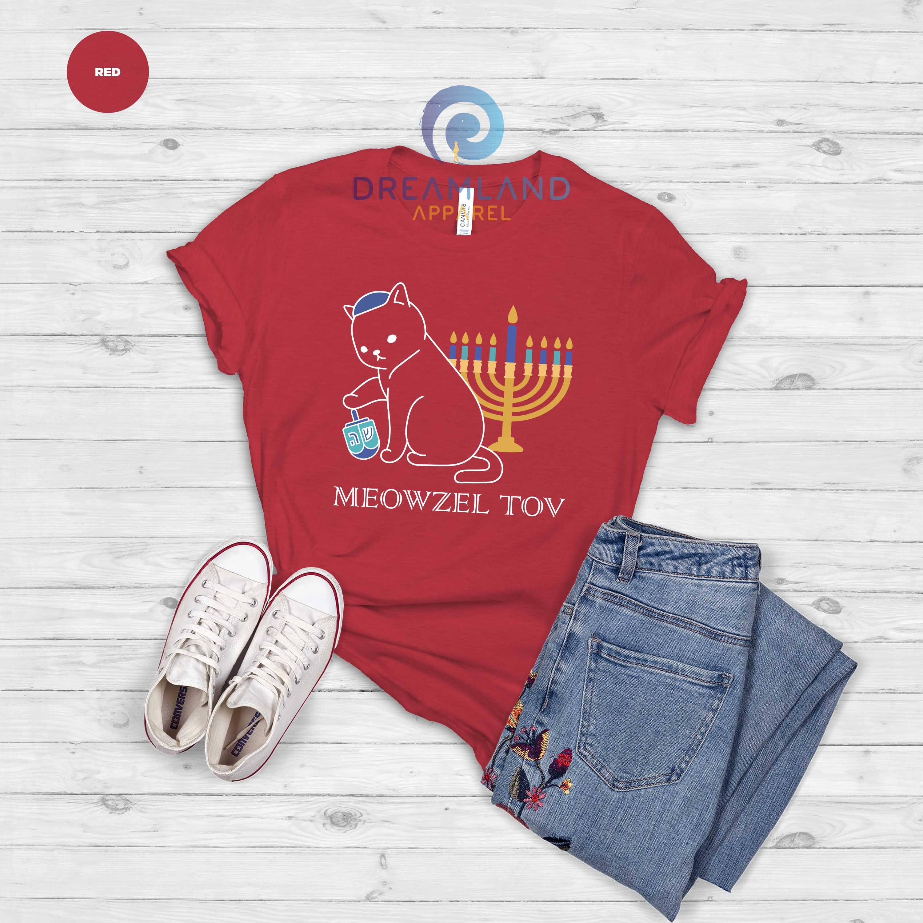 Discover Meowzel Tov T-Shirt, Dreidel Menorah Cat Shirt, Chanukah Gift Shirt, Funny Hanukkah Shirt, Jewish Gift Hanukkah, Family Holiday Shirts