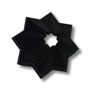 May include: A set of black star-shaped cookie cutters, nested together in decreasing sizes. The cutters are made of metal and have a smooth, shiny finish.