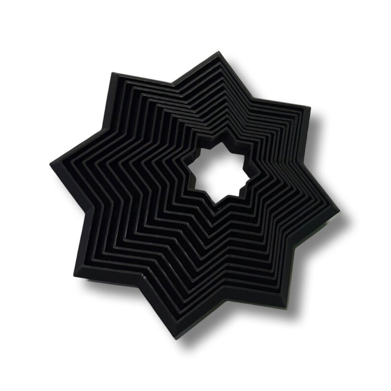 May include: A set of black star-shaped cookie cutters, nested together in decreasing sizes. The cutters are made of metal and have a smooth, shiny finish.