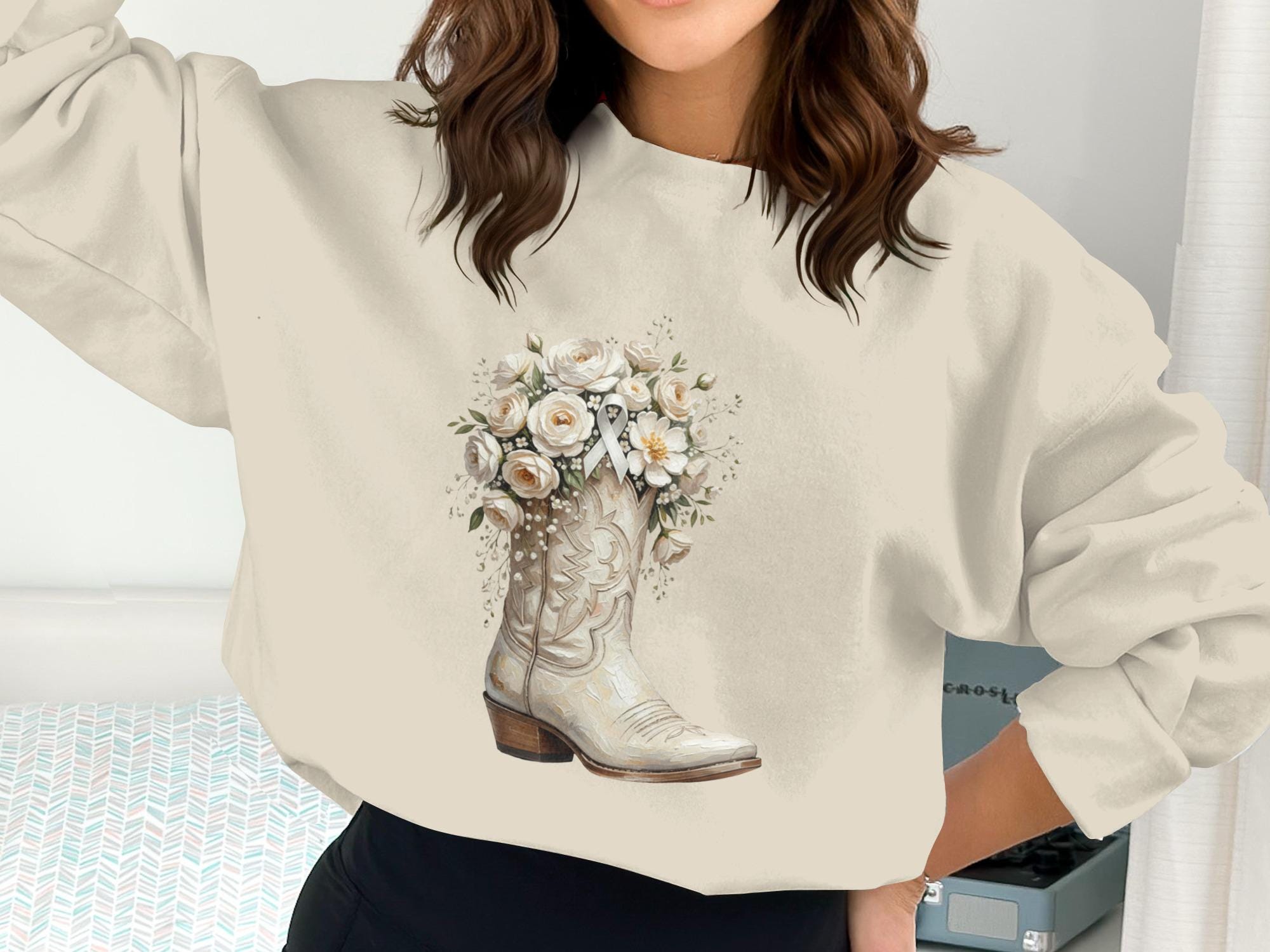 Rustic Cancer Ribbon Images Western Lung Cancer PNG, White Cowboy Boot Floral Sublimation ...