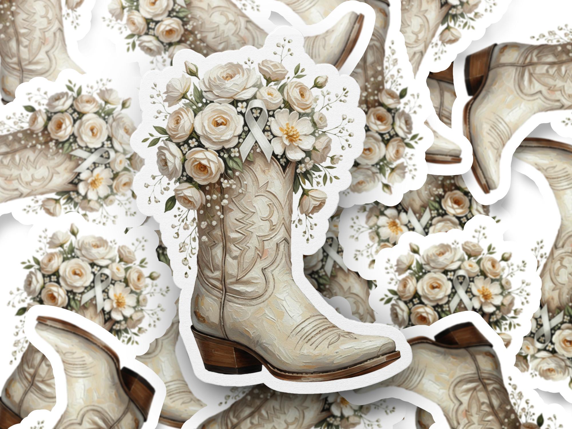 Rustic Cancer Ribbon Images Western Lung Cancer PNG, White Cowboy Boot Floral Sublimation ...