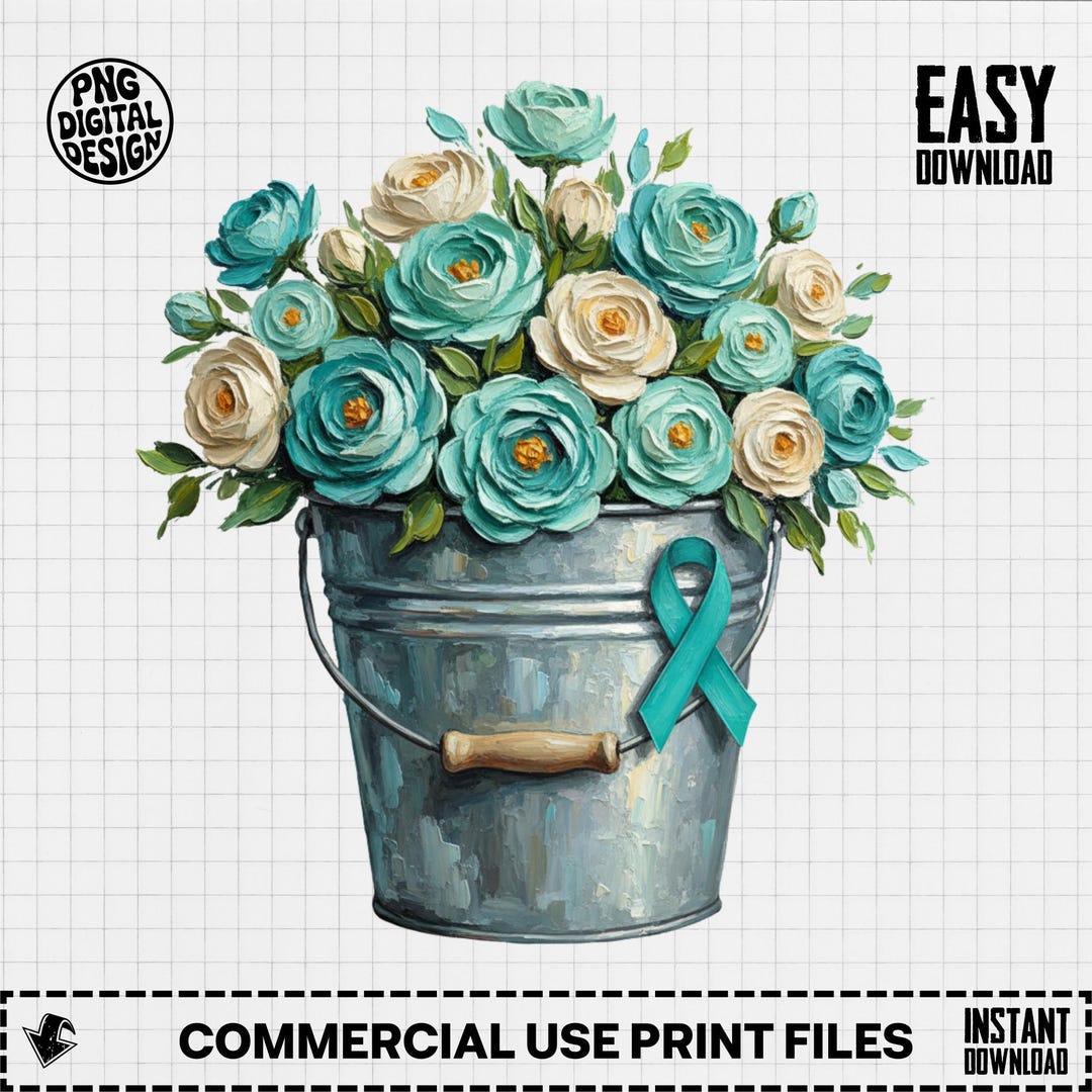Rustic Cancer Ribbon Images Ovarian Cancer PNG, Teal Ribbon Floral Bouquet Sublimation Design ...