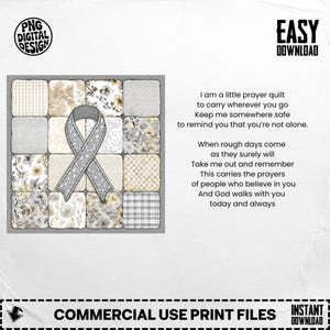 May include: A digital design featuring a gray ribbon over a patchwork quilt design. The quilt squares have floral and textured patterns in neutral tones. Text on the right reads "I am a little prayer quilt..." and "Commercial Use Print Files".