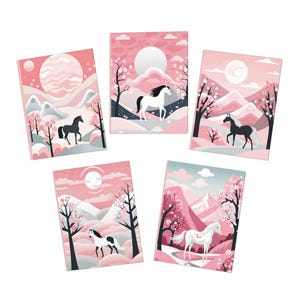 Tarjeta de felicitación en blanco con diseño único de caballo, para cualquier ocasión, en rosa y negro, inspirada en vaqueras costeras, con múltiples diseños (paquete de 5)