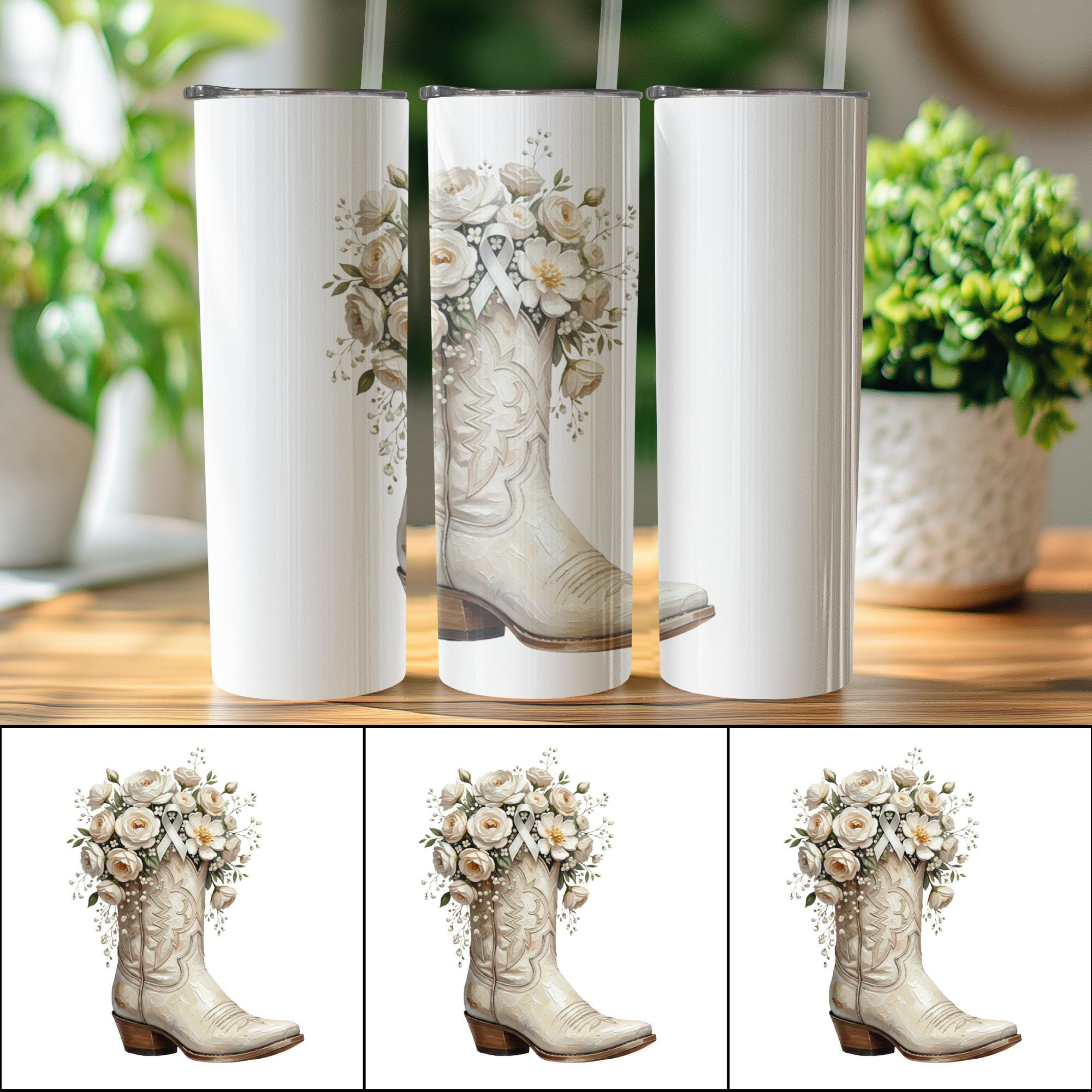 Rustic Cancer Ribbon Images Western Lung Cancer PNG, White Cowboy Boot Floral Sublimation ...