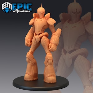 May include: A 3D printed miniature of a robot knight in a full suit of armor. The robot is standing on a round base. The miniature is painted in a light brown color.