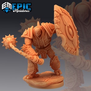 May include: A miniature figurine of a warrior wearing armor and holding a spiked mace and a shield. The figurine is made of a light brown plastic and is standing on a circular base.
