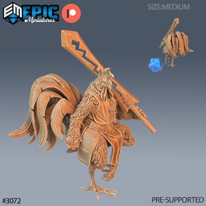 May include: A 3D printed miniature of a rooster warrior holding a large sword. The rooster is wearing armor and has a feathered tail. The miniature is painted in a brown color and is pre-supported. #3072