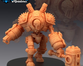 May include: A detailed, 3D printed miniature of a steampunk robot with a large hammer. The robot is made of metal and has a round body with a large head. The robot is wearing a helmet and has a large hammer in its right hand.