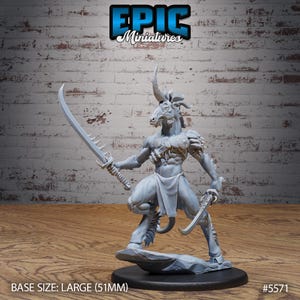 May include: A gray, unpainted miniature of a humanoid figure with a bull's head, holding a sword in one hand and a dagger in the other. The miniature is standing on a rocky base. The base size is large (51mm). #5571