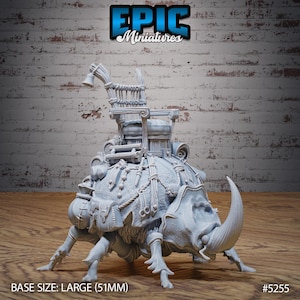 May include: A gray, detailed miniature of a bug-like creature carrying a chair and other objects on its back. The miniature is made of plastic and is approximately 51mm in size. The base is labeled "BASE SIZE: LARGE (51MM)" and "#5255".