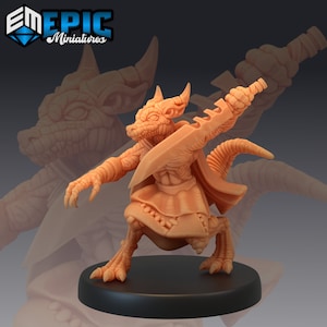 May include: A miniature figurine of a lizard-like creature with horns and a sword. The figurine is painted in a light brown color and is standing on a black base. The figurine is part of a set of miniatures for tabletop role-playing games.