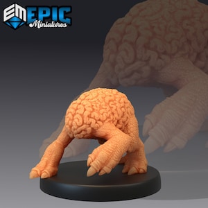 May include: A small, orange, brain-shaped creature with four legs and a textured surface. The creature is standing on a black base.
