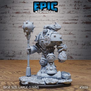 May include: A gray miniature figurine of a warrior in full armor, holding a spiked mace. The figurine is on a rocky base. The text "Epic Miniatures" is at the top. The base size is large, 51mm.