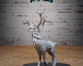 May include: A detailed miniature of a white,  reindeer with large antlers, wearing a saddle and bridle. The base is gray and reads "BASE SIZE: LARGE (51MM)" and "#5270".