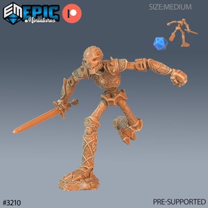 May include: A pre-supported 3D printed miniature of a skeletal warrior in a detailed, ornate, golden armor, holding a sword. The miniature is posed in a dynamic running stance, with one leg raised and the other planted firmly on the ground. The miniature is designed for tabletop gaming and is part of the Epic Miniatures collection.