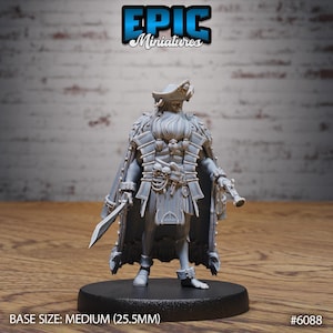 May include: A gray miniature pirate figure with a long beard, tricorn hat, and ornate clothing. The figure holds a sword and a pistol. The base size is medium (25.5mm). The Epic Miniatures logo is at the top.