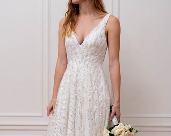 The Alexis Gown - Wedding Dress Bridal Gown A-Line Off-White Lace Beaded V-Neck Tank Low Back Tulle Silver Sparkly