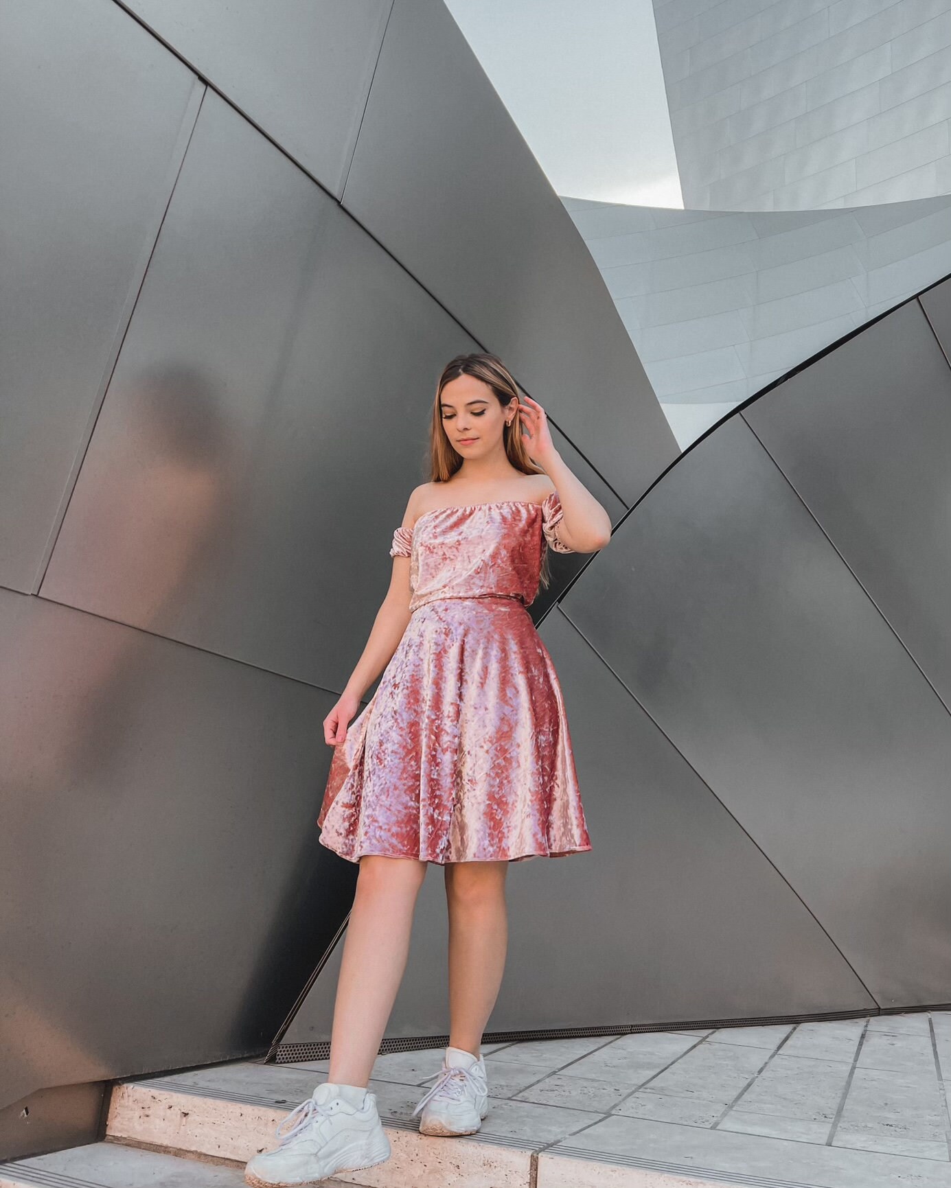 pink velvet off the shoulder dress Portia and Scarlett PS23151 Velvet Off Shoulder Fitted Gown