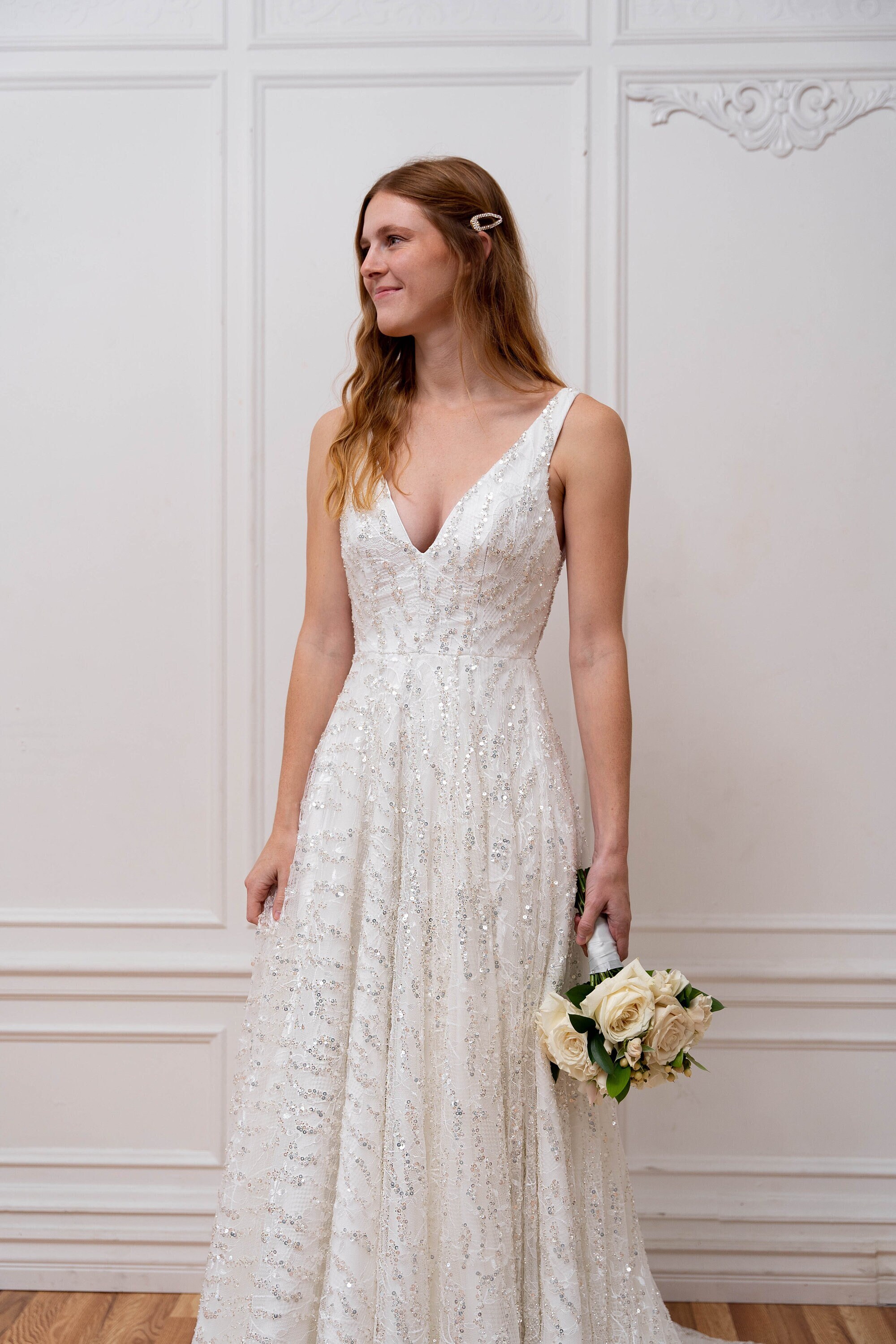 jewel lace a line wedding dress with beading T232057 Flirty Boho All-Over Soft Lace A-line Gown with Plunging Back and  Delicately Beaded Bodice