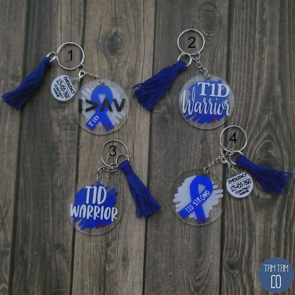 Type 1 Diabetes Awareness Keychain with Handmade Coordinating Tassel and complimentary/removable Emergency Contact Charm