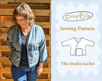 May include: A woman wearing a denim jacket with a black top and blue jeans. The jacket has contrasting trim and pockets. The image also includes a graphic of a sewing pattern for a Studio Jacket, with the text "Busy Bila Sewing Pattern The Studio Jacket".