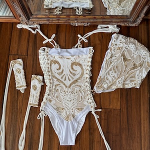 MTO White/Gold Princess Playsuit with detachable hood, and arm warmers, rave suit, body suit, sequins body suit, festival clothing