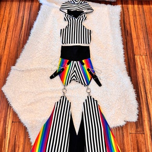 MTO Fire Safe Set (With top and pants) in the Rainbow B/W Stripe Cotton 4-way Strech Circus  Boofy The Clown Bells and top