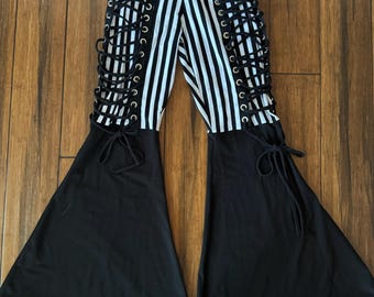MTO Lace Up Circus Bell Bottoms, fire safe cotton, b/w strip fabric, black cotton