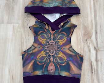 Mto Meg Racer Crop Hooded Top, geometry, Mandala fabric, eco friendly printed fabric