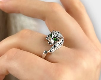 Solid Silver Panther Ring with Cubic Zirconia in Art Deco Style, Size N 1/2