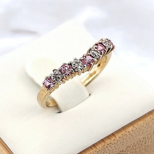 Vintage 9ct Gold Diamond and Pink Topaz Wishbone Ring with Round Cut Stones, Chevron Engagement Ring, Natural Diamonds, Cute Stackable Ring