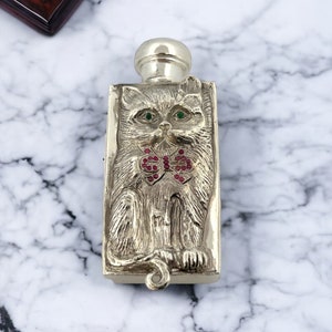 Silver Cat Face Perfume Bottle with Emerald and Rubies